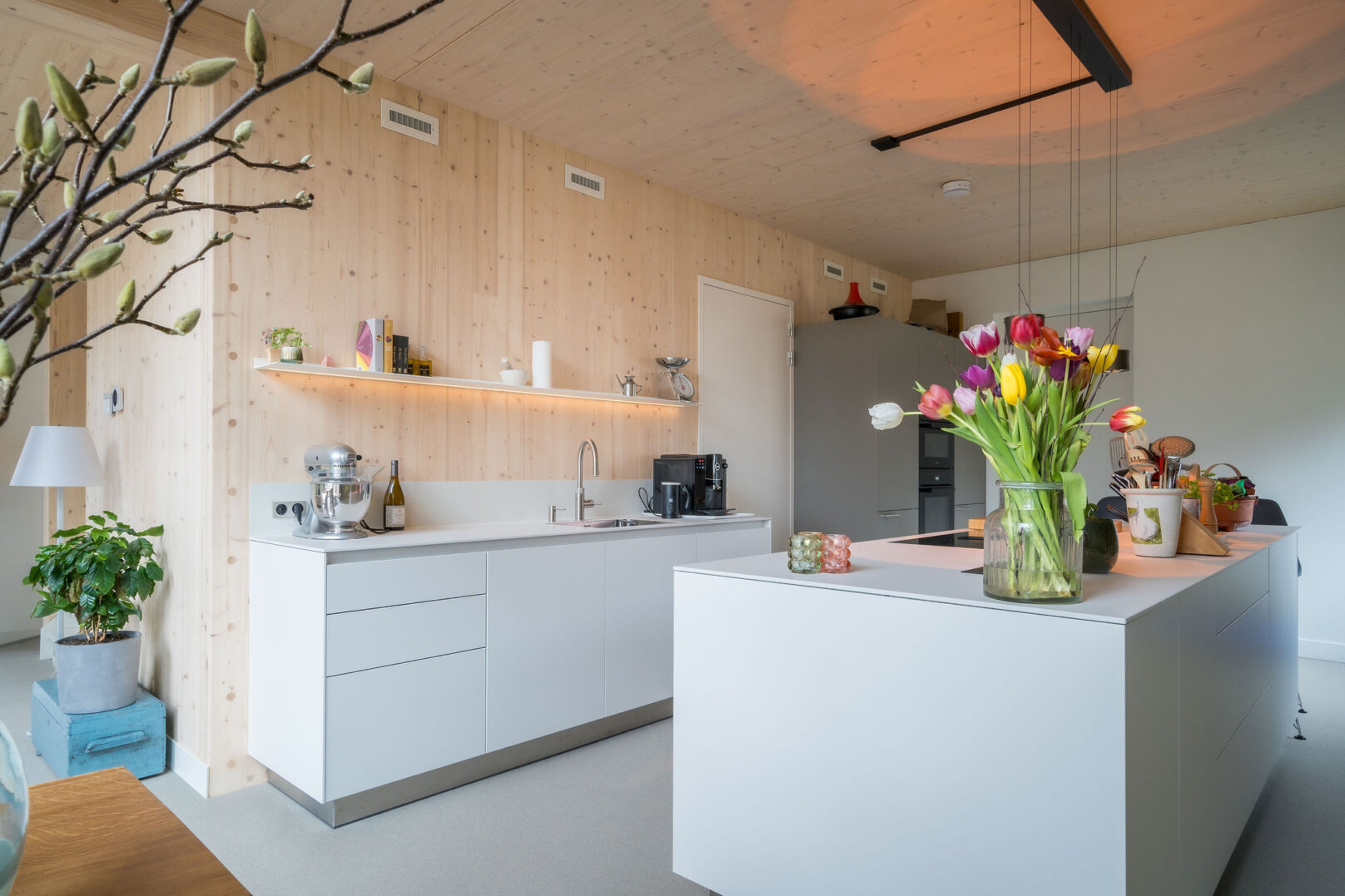 high-end keuken in kaolin en flint tegen houten achterwand, foto 2